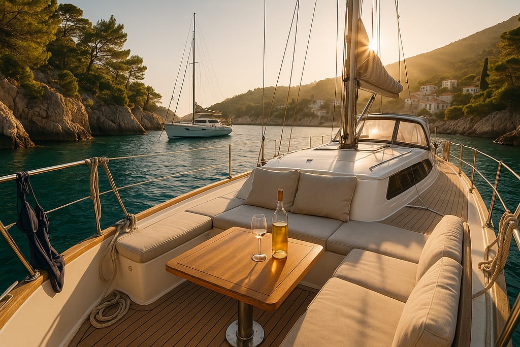 Modern white yacht anchored in a turquoise Greek cove at golden hour, with sunlit teak deck, wine bottle, and village on hillside. Pine trees, limestone cliffs, and serene waves highlight the unforgettable, luxurious yacht holiday experience in Greece.