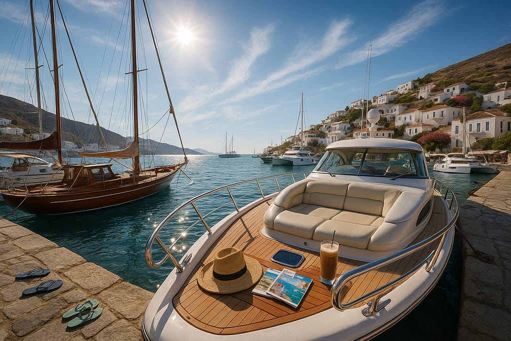 Wide-angle view of a Greek island marina with luxury motor yacht, classic sailboat, and modern catamaran docked. Sunlight highlights teak decks, chrome railings, and waterfront accessories, ideal for comparing yacht options for a memorable Greek adventure.
