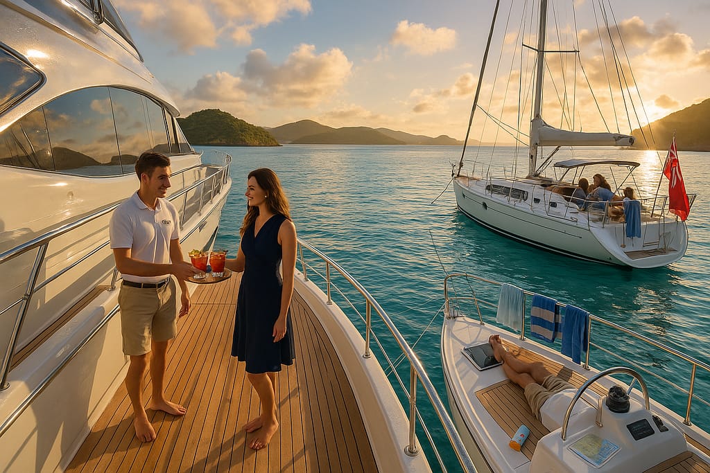 Two luxury yachts anchored in a turquoise bay at golden hour; one features a uniformed crew serving guests, the other shows a barefoot family relaxing. Lush green islets, sunlit decks, and nautical details highlight the contrast between crewed and bareboat yacht charters in the British Virgin Islands.