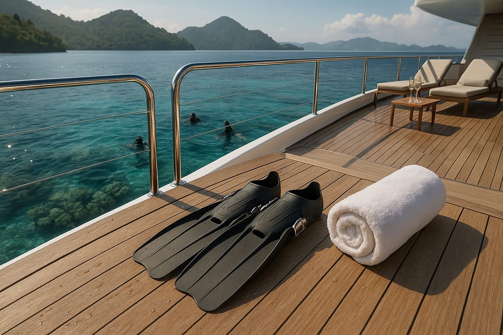 Luxury yacht teak deck with dive fins, white towel, and sun loungers overlooking turquoise Indonesian waters, visible coral reefs, scuba divers below, and lush islands in the background under golden sunlight.