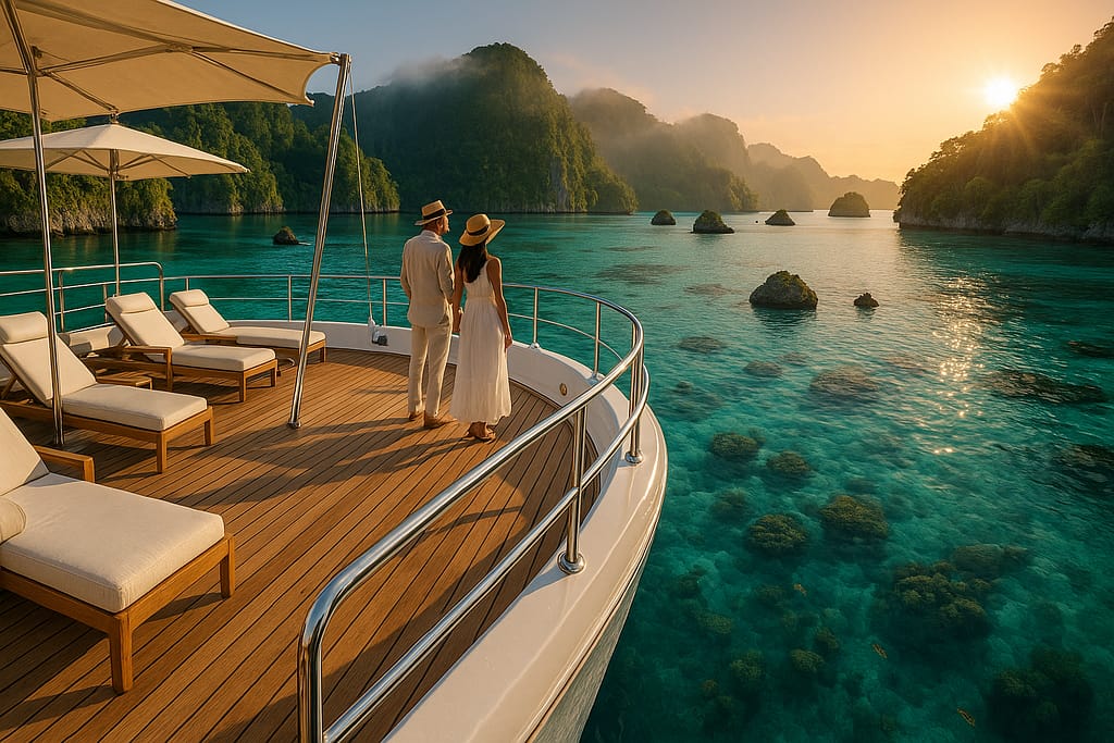 A luxurious private yacht anchored in clear turquoise waters of Raja Ampat, Indonesia, with a couple enjoying the sunset. Pristine decks, lush islets, and limestone cliffs surround the scene, while coral and tropical fish are visible beneath the water’s surface.