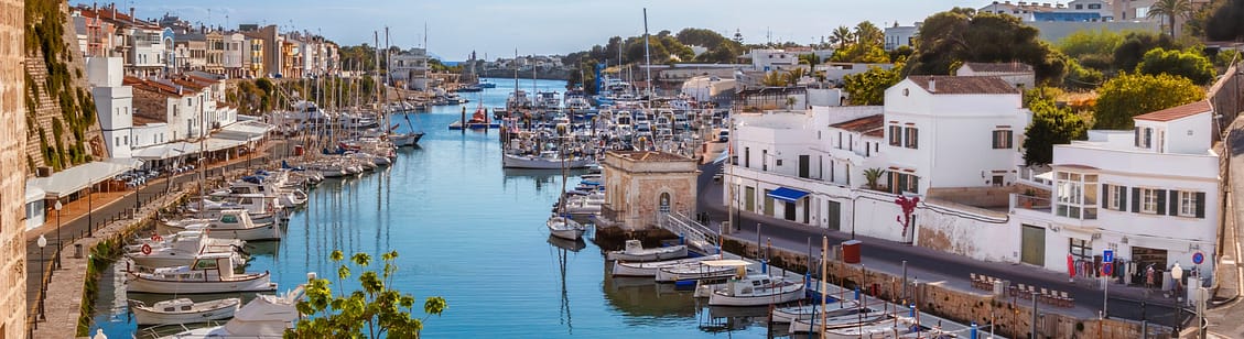 Ciutadella port on sunny day, Menorca island, Spain.