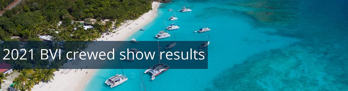 Aerial view of yachts anchored near a tropical beach at the 2021 BVI crewed yacht show.