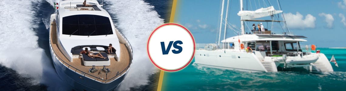 Luxury yacht versus catamaran comparison on open water highlighting design and lifestyle differences.