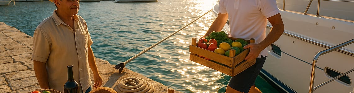 Crew member loads fresh Greek produce, wine, bread, cheese, and seafood onto a yacht at a sunlit Greek marina with a local supplier, dock rope, and the sparkling Aegean Sea in the background.