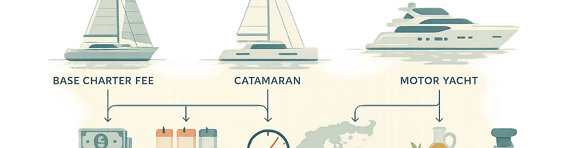 Educational infographic showing factors affecting yacht charter pricing in Greece, with icons and illustrations for yachts, seasonality, fuel, crew gratuity, provisions, harbor fees, and a map of cruising zones. Modern, clean design with concise labels and accessible color-coded visuals.