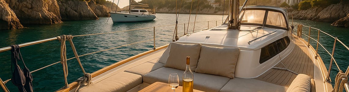 Modern white yacht anchored in a turquoise Greek cove at golden hour, with sunlit teak deck, wine bottle, and village on hillside. Pine trees, limestone cliffs, and serene waves highlight the unforgettable, luxurious yacht holiday experience in Greece.