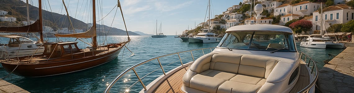 Wide-angle view of a Greek island marina with luxury motor yacht, classic sailboat, and modern catamaran docked. Sunlight highlights teak decks, chrome railings, and waterfront accessories, ideal for comparing yacht options for a memorable Greek adventure.