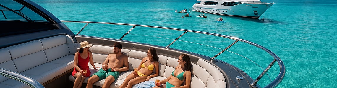 Two luxury yachts anchored in turquoise Bahamian waters; one private yacht with friends relaxing on deck, another group yacht nearby with water toys and families enjoying the sun. Crystal-clear water, island backdrop, and bright tropical sky create a vibrant, inviting scene.