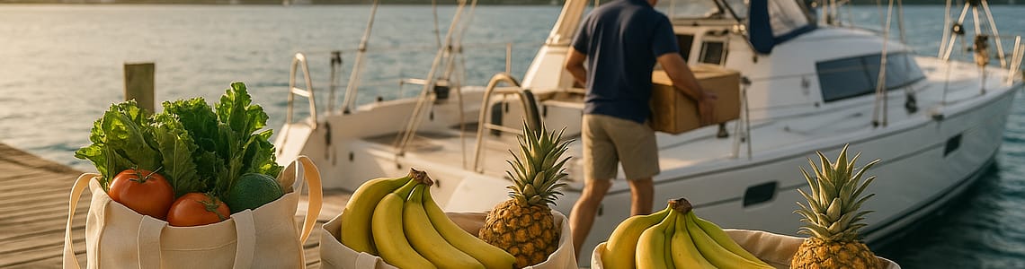 Provisioning for a BVI yacht vacation: reusable bags filled with fresh tropical produce, food containers, and bottled drinks on a weathered dock table, with a crew member loading supplies onto a sailboat under golden sunlight and Tortola hills in the background.