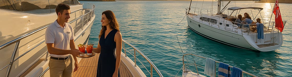 Two luxury yachts anchored in a turquoise bay at golden hour; one features a uniformed crew serving guests, the other shows a barefoot family relaxing. Lush green islets, sunlit decks, and nautical details highlight the contrast between crewed and bareboat yacht charters in the British Virgin Islands.
