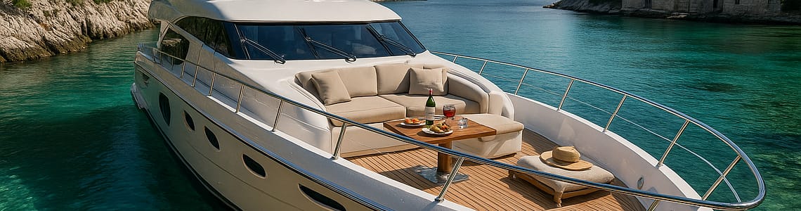 Luxury yacht anchored in a turquoise Croatian bay, surrounded by cliffs, pine trees, and historic stone houses. Teak deck with plush lounge, al fresco dining, Croatian wine, and seafood. Sun hats, towels, sparkling water, and distant shadows evoke a relaxing dream charter atmosphere.