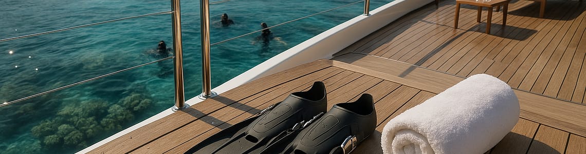 Luxury yacht teak deck with dive fins, white towel, and sun loungers overlooking turquoise Indonesian waters, visible coral reefs, scuba divers below, and lush islands in the background under golden sunlight.