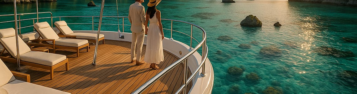 A luxurious private yacht anchored in clear turquoise waters of Raja Ampat, Indonesia, with a couple enjoying the sunset. Pristine decks, lush islets, and limestone cliffs surround the scene, while coral and tropical fish are visible beneath the water’s surface.