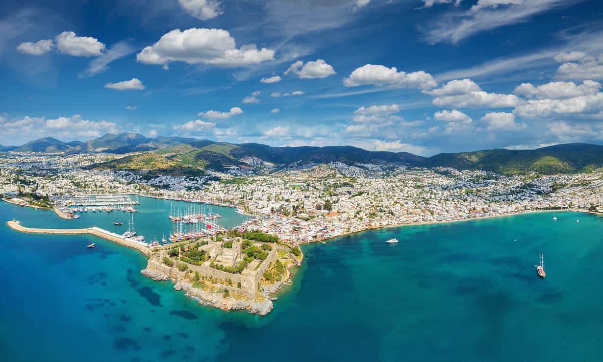 Turkish Coast with harbor, gulets, and yachts