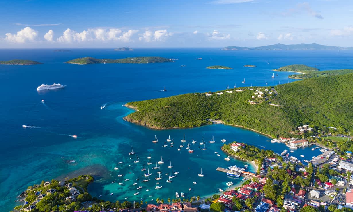 Virgin Islands Coastline with yacht and bright blue water