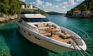 Luxury yacht anchored in a turquoise Croatian bay, surrounded by cliffs, pine trees, and historic stone houses. Teak deck with plush lounge, al fresco dining, Croatian wine, and seafood. Sun hats, towels, sparkling water, and distant shadows evoke a relaxing dream charter atmosphere.