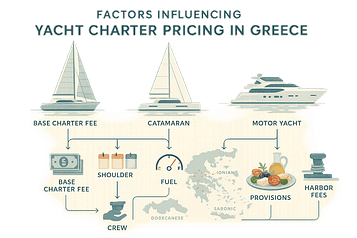 Educational infographic showing factors affecting yacht charter pricing in Greece, with icons and illustrations for yachts, seasonality, fuel, crew gratuity, provisions, harbor fees, and a map of cruising zones. Modern, clean design with concise labels and accessible color-coded visuals.