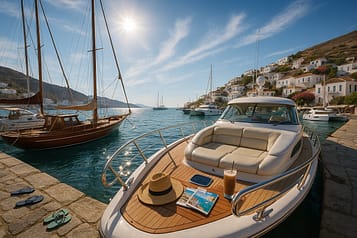 Wide-angle view of a Greek island marina with luxury motor yacht, classic sailboat, and modern catamaran docked. Sunlight highlights teak decks, chrome railings, and waterfront accessories, ideal for comparing yacht options for a memorable Greek adventure.