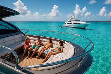 Two luxury yachts anchored in turquoise Bahamian waters; one private yacht with friends relaxing on deck, another group yacht nearby with water toys and families enjoying the sun. Crystal-clear water, island backdrop, and bright tropical sky create a vibrant, inviting scene.
