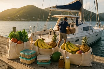 Provisioning for a BVI yacht vacation: reusable bags filled with fresh tropical produce, food containers, and bottled drinks on a weathered dock table, with a crew member loading supplies onto a sailboat under golden sunlight and Tortola hills in the background.