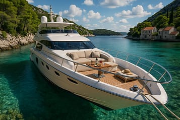 Luxury yacht anchored in a turquoise Croatian bay, surrounded by cliffs, pine trees, and historic stone houses. Teak deck with plush lounge, al fresco dining, Croatian wine, and seafood. Sun hats, towels, sparkling water, and distant shadows evoke a relaxing dream charter atmosphere.