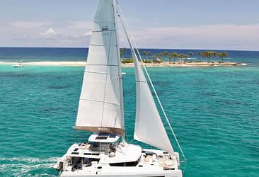 Catamaran sailing near tropical island with palm trees and turquoise ocean water.