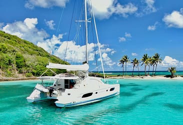 Catamaran anchored in turquoise waters near a tropical island with palm trees and clear blue sky.