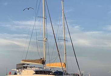 Catamaran sailboat docked at a pier during sunset with clear skies and a seagull flying overhead.