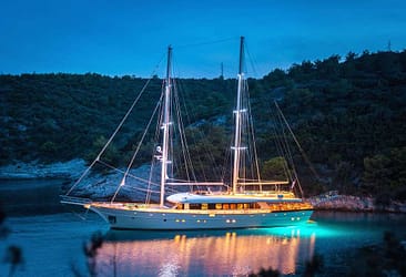 Luxury yacht illuminated at night in a serene bay with lush forested hills in the background.