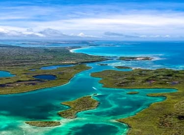 Aerial view of stunning blue waters and lush green islands along a tropical coastline under a clear sky.