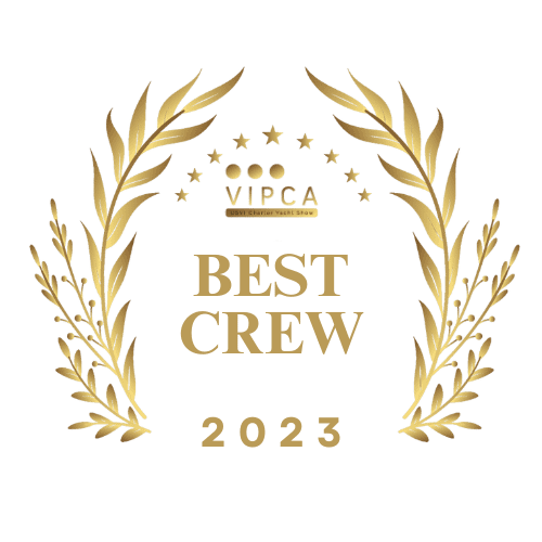 VIPCA Best Crew 2023 award badge with gold laurel wreath and stars highlighting excellence in yacht crew performance.