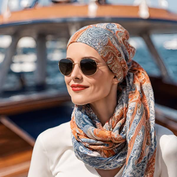 Woman wearing sunglasses and a patterned headscarf on a boat, enjoying a sunny day at sea.