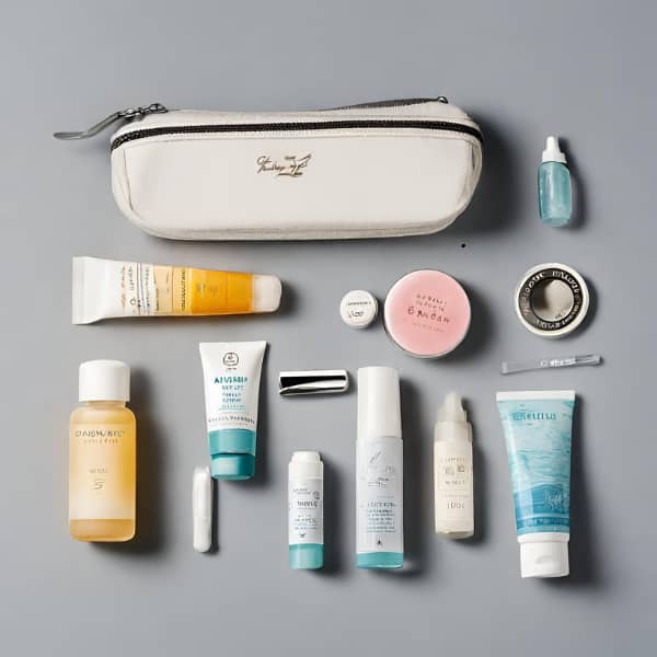Assorted skincare products and toiletries with a white cosmetic bag on a gray background, including creams, serums, and lotions.