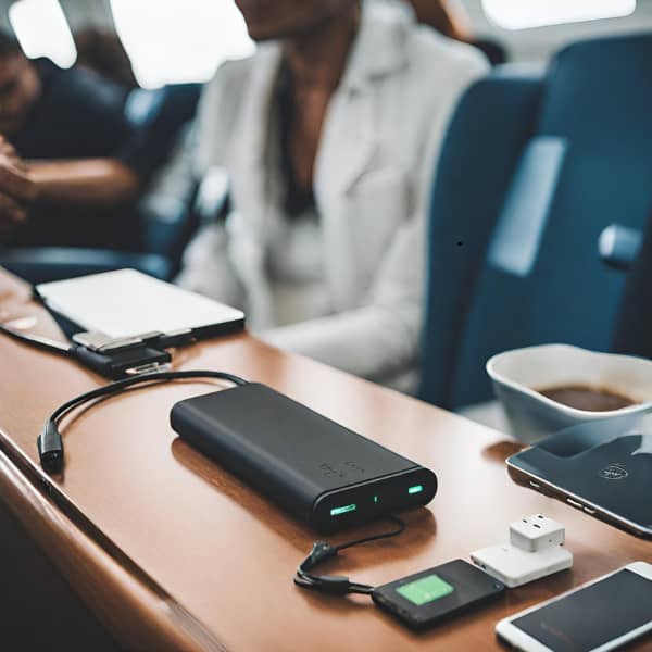 Portable power bank charging multiple devices on a wooden conference table, coffee cup and blurred business person in the background.