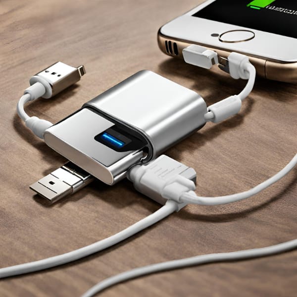 Multi-port USB charger connected to a smartphone for efficient device charging on a wooden desk.