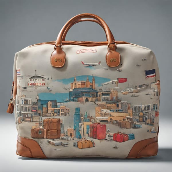 Travel-themed designer bag with brown leather handles featuring an illustrated cityscape and travel icons.
