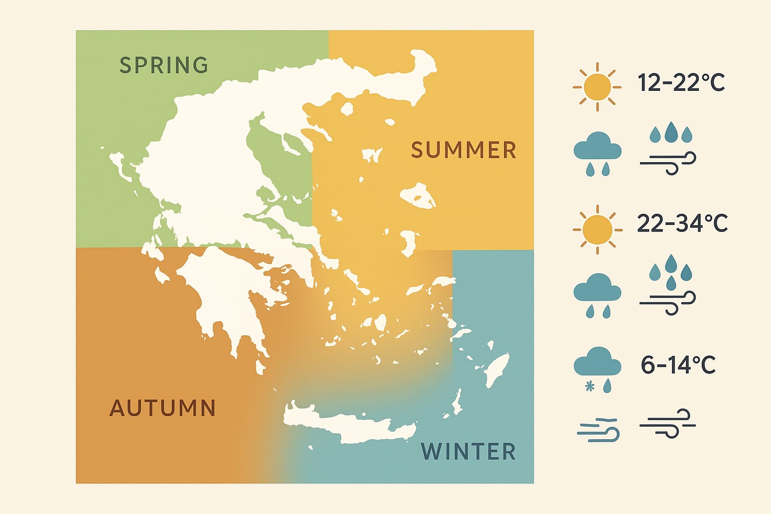 Minimalist vector infographic map of Greece with color-coded regions for spring, summer, autumn, and winter, including weather icons, temperature, precipitation, and wind trend indicators. Designed for accessible educational or editorial use to illustrate seasonal weather patterns.