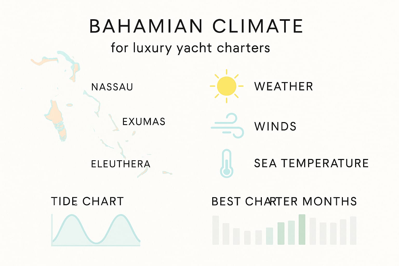 Minimalist infographic of the Bahamian climate for luxury yacht charters, featuring a pastel map of Nassau, Exumas, and Eleuthera, weather and sea temperature icons, tide charts, and highlighted best charter months on a breezy white background.