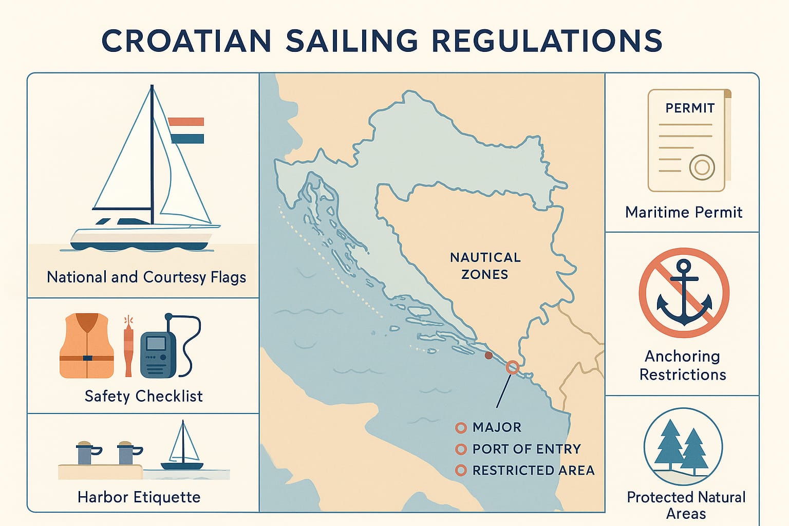 Educational infographic showing Croatia’s Adriatic coastline with nautical zones, port entries, restricted areas, yacht flag display, safety checklist, maritime permit, harbor etiquette, anchoring restrictions, and protected areas, using clear vector icons, modern fonts, and accessible color palette for charter vacation regulations.
