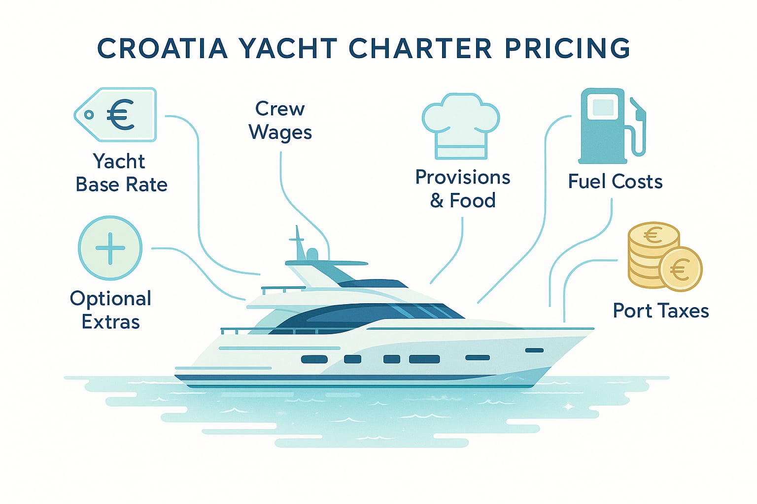 Minimalist infographic showing main cost components of Croatia yacht charter pricing. Central yacht image is surrounded by labeled icons for base rate, crew wages, fuel, food, marina fees, port taxes, and optional extras, connected with blue lines on a white nautical background.