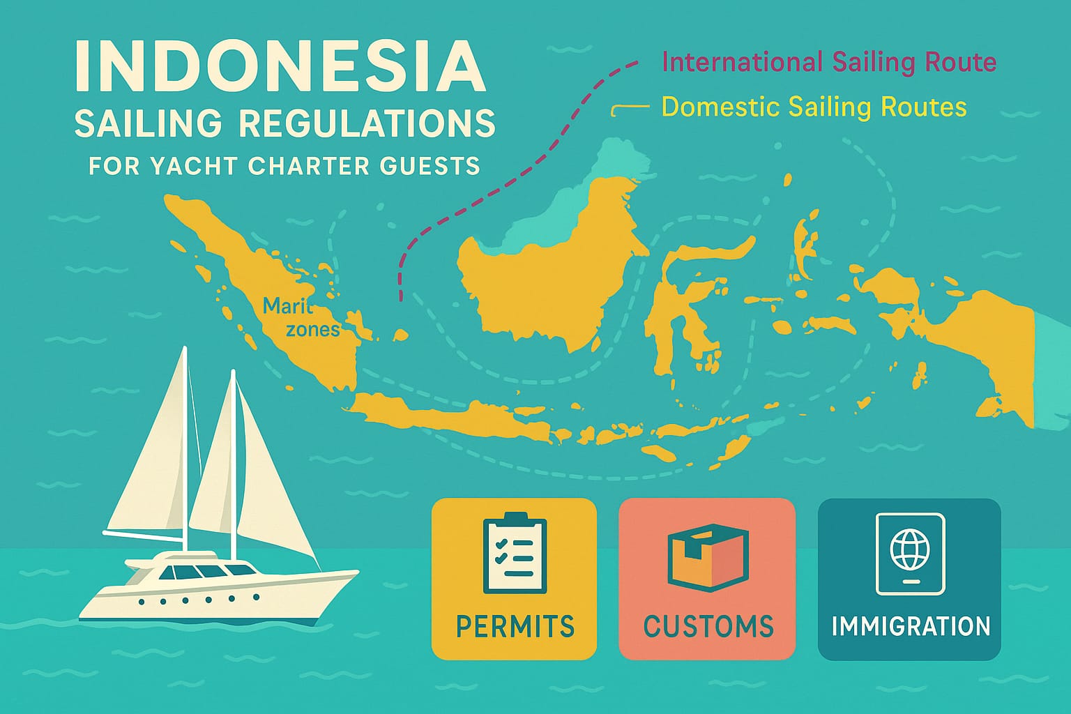 Educational infographic showing Indonesia's sailing regulations for yacht charter guests, featuring a stylized map with maritime zones, color-coded sailing routes, and icons for permits, customs, immigration, and a charter yacht on turquoise water.
