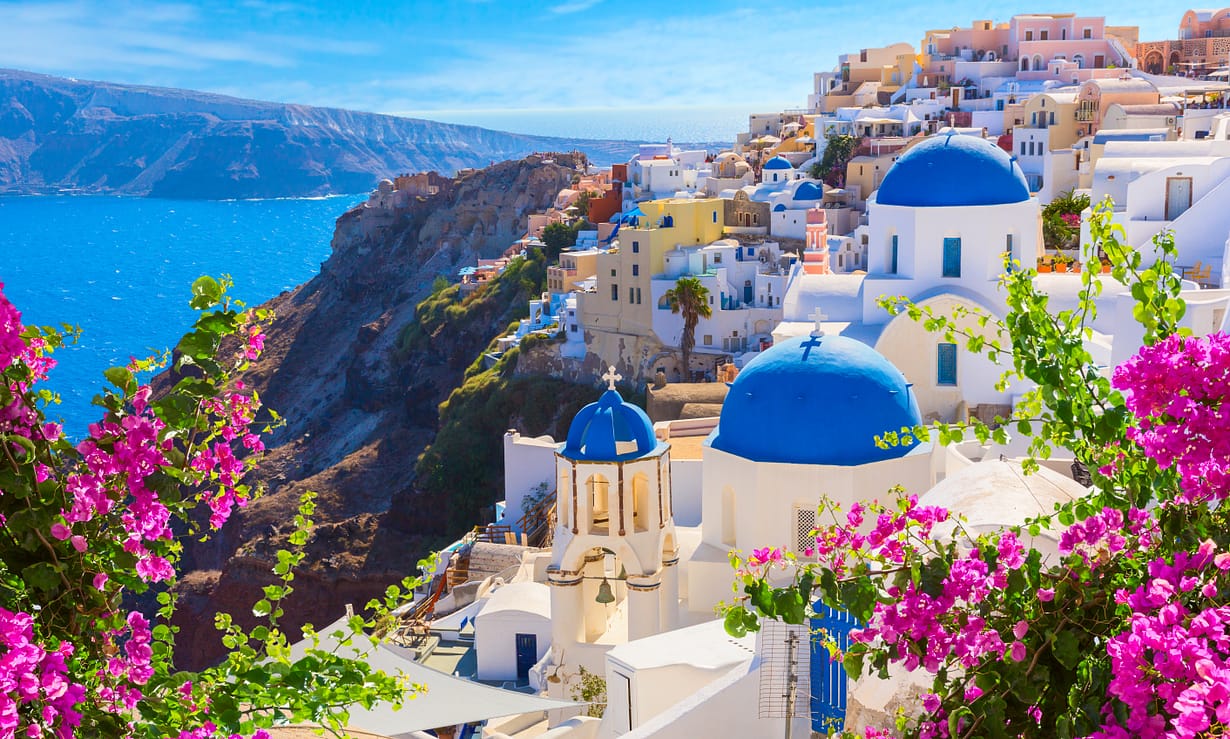 Greek islands of Santorini at sunset