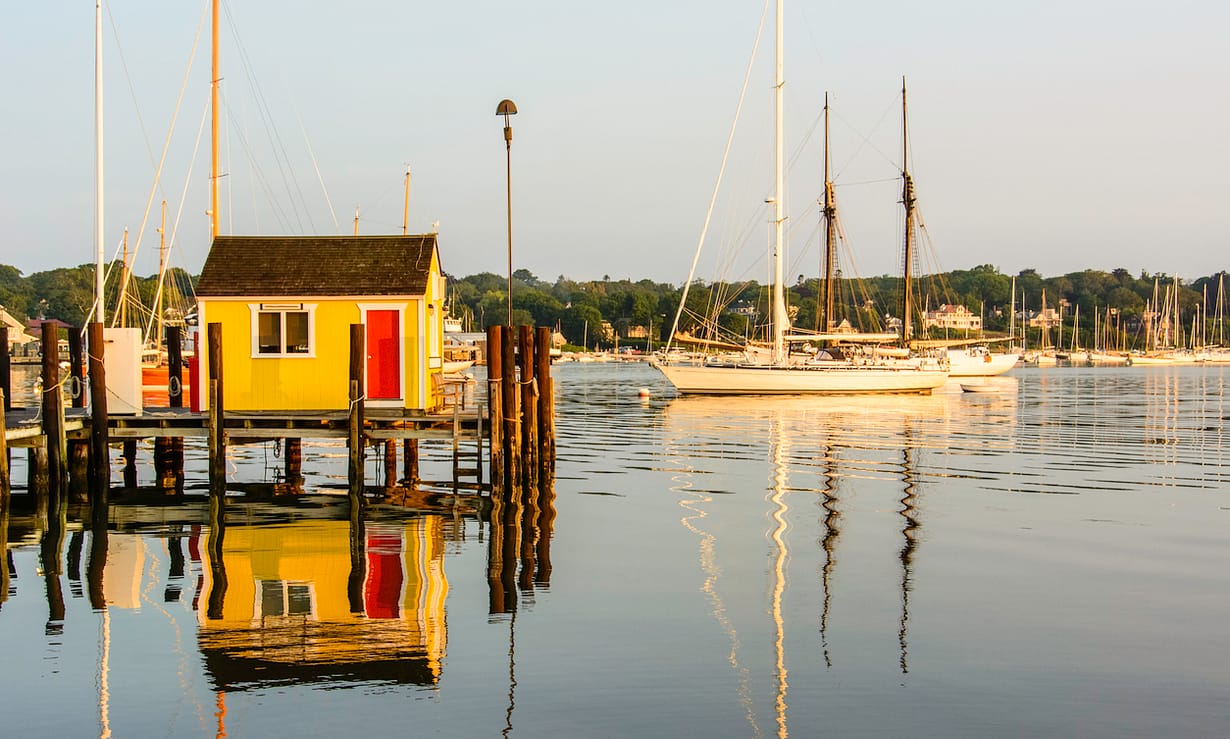 Nantucket harbor with yachts and buildings