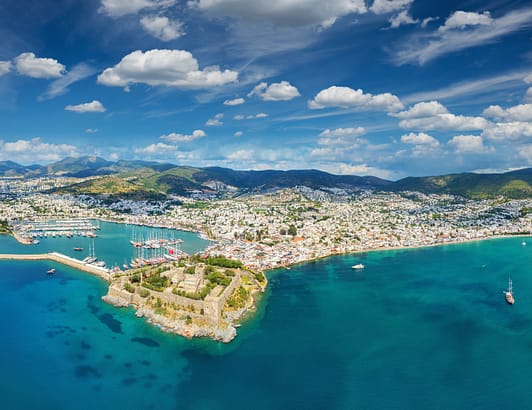 Turkish Coast with harbor, gulets, and yachts