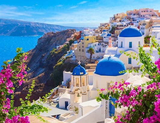 Greek islands of Santorini at sunset