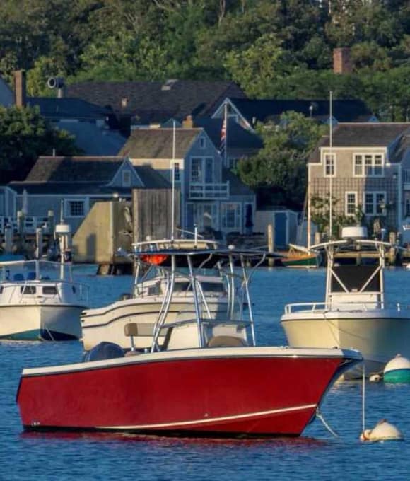 Nantucket harbor with yachts and buildings